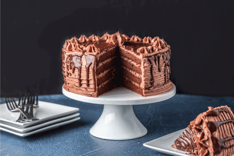 蛋糕用巧克力酱。白色的方形盘子和叉子装饰表连同一片蛋糕。一夜之间如何存储一个巧克力酱蛋糕吗
