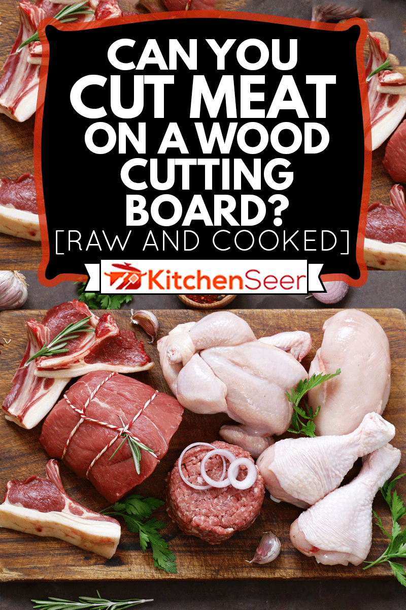 生肉分类-牛肉，羊肉，鸡肉在木板上，你能切肉在木板上吗?[生的和熟的]