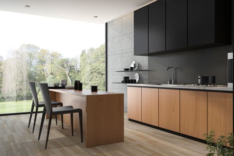 现代的木制黑色厨房，厨房地bd手机下载板应该比橱柜暗吗?
