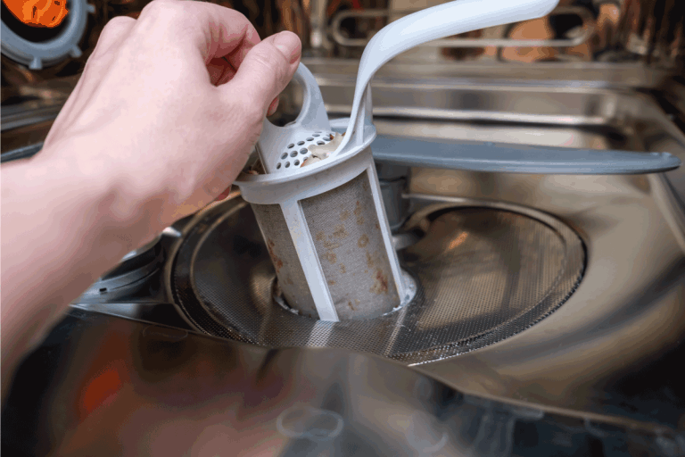 一只手拿出一个肮脏的下水道滤洗碗的机器。洗碗机只有排水管时吗