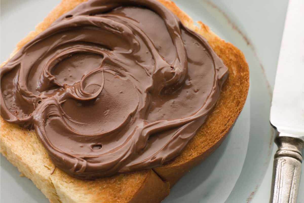 一块烤奶油蛋卷配巧克力酱。能多益酱的11个最佳选择[加上2个自制的选择!]］