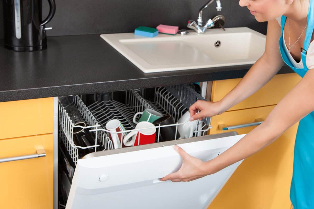 女人在厨房打开洗碗机的门，当你不在的时候，你应该让洗碗机的门开着吗?bd手机下载