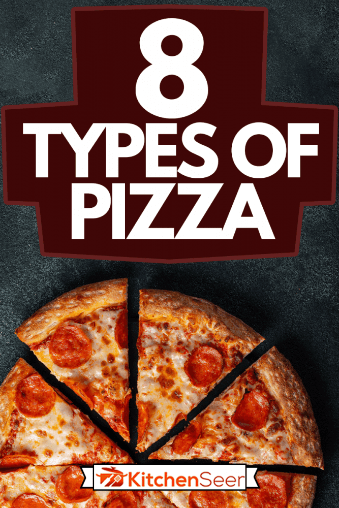 美味的意大利辣香肠披萨和烹饪材料西红柿罗勒在黑色混凝土背景，8种类型的披萨