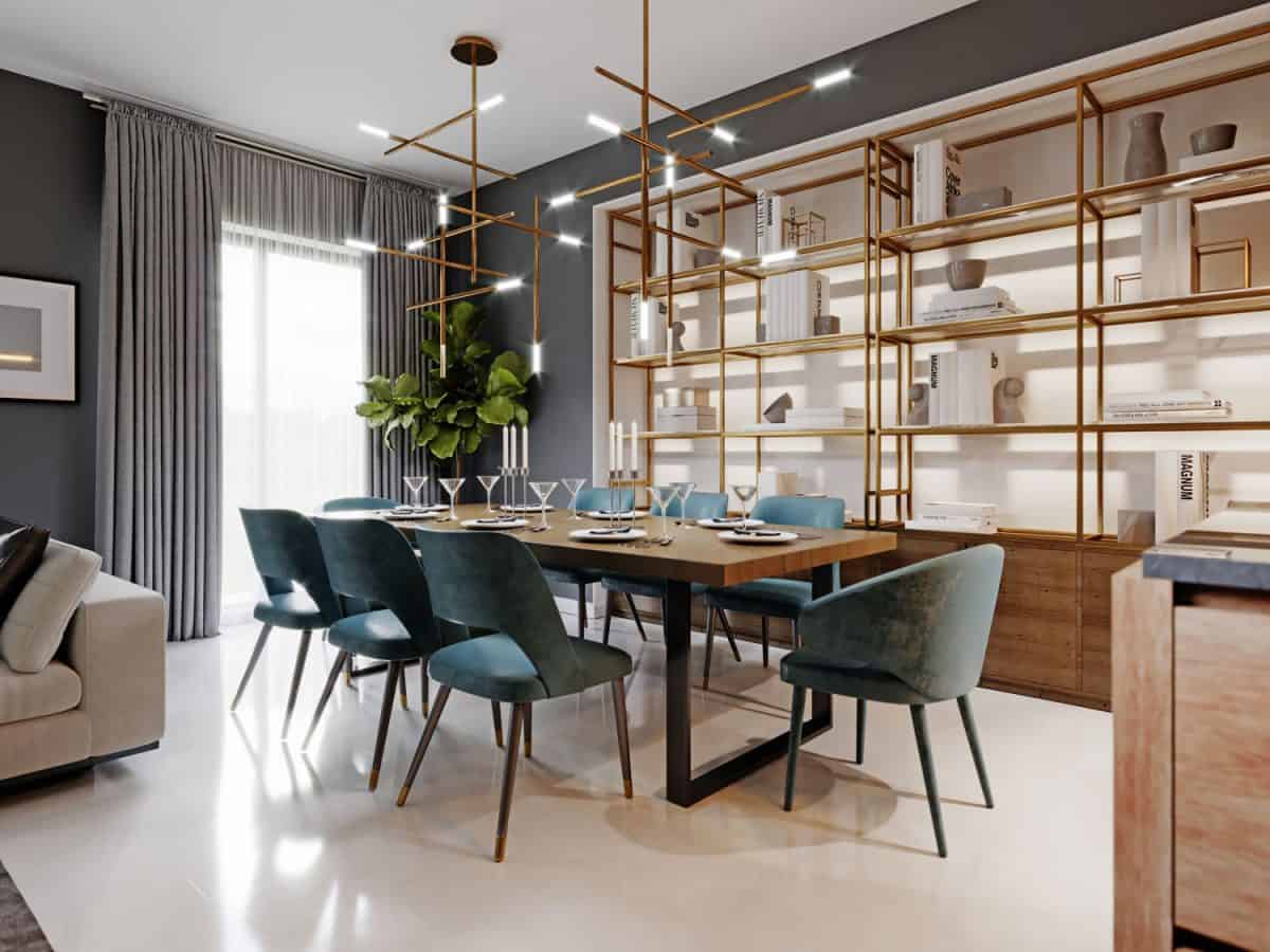大型现代时尚风格的餐桌,餐半岛电竞体育平台app厅在一个公寓里。木质桌面、织物蓝色的椅子。