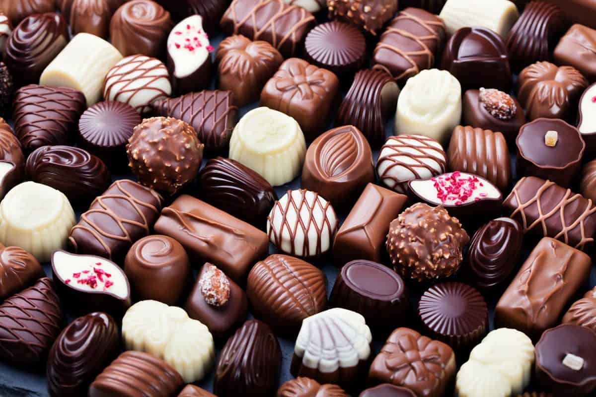 各种各样的巧克力糖果，白，黑，牛奶巧克力