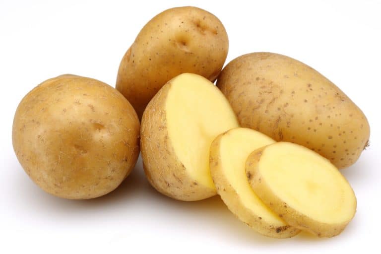 生土豆片孤立在白色背景,黄色土豆Vs育空金:有什么区别