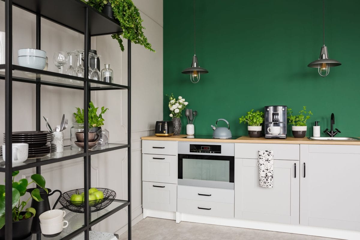 绿色与白色的橱柜bd手机下载和厨房口音墙植物活力和自然的基调