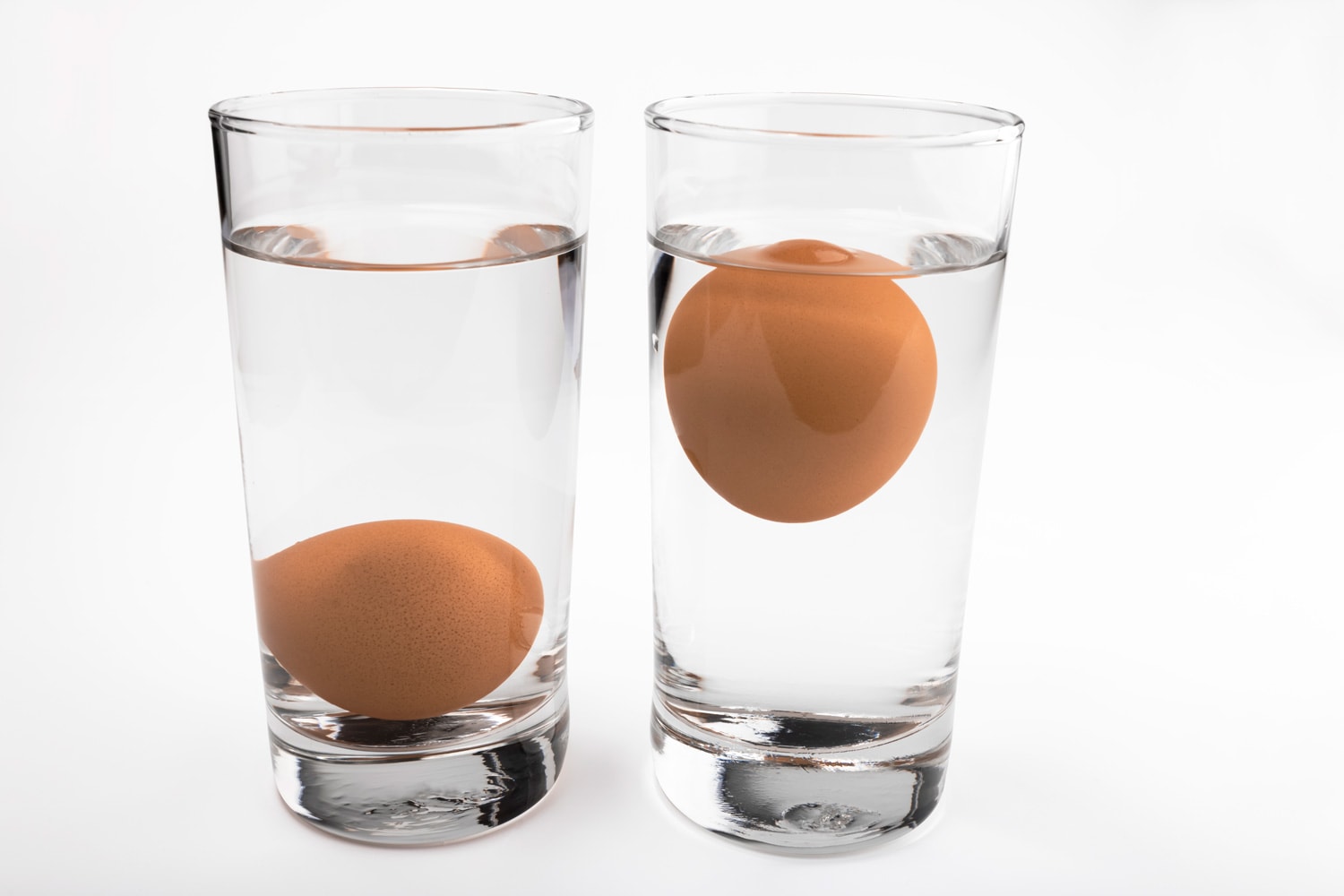 透明玻璃水浸鸡蛋试验，白色隔离背景鸡蛋新鲜度试验