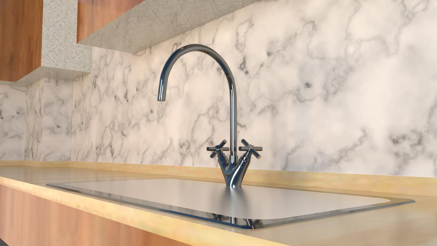 镀铬色的水槽，包括在厨房基础单元中，采用浅色木质饰面，井盖和墙面采用bd手机下载大理石和温暖的光线