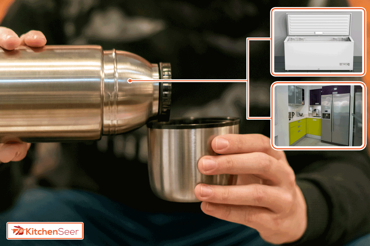 男人从保温杯里倒茶和咖啡，你能把保温杯放在冷冻室或冰箱里吗?＂width=