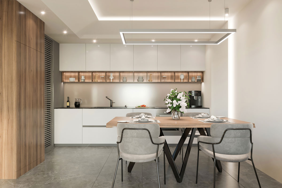 豪华的白色现代厨房悬挂灯,灰色的地板和一个小餐bd手机下载桌半岛电竞体育平台app