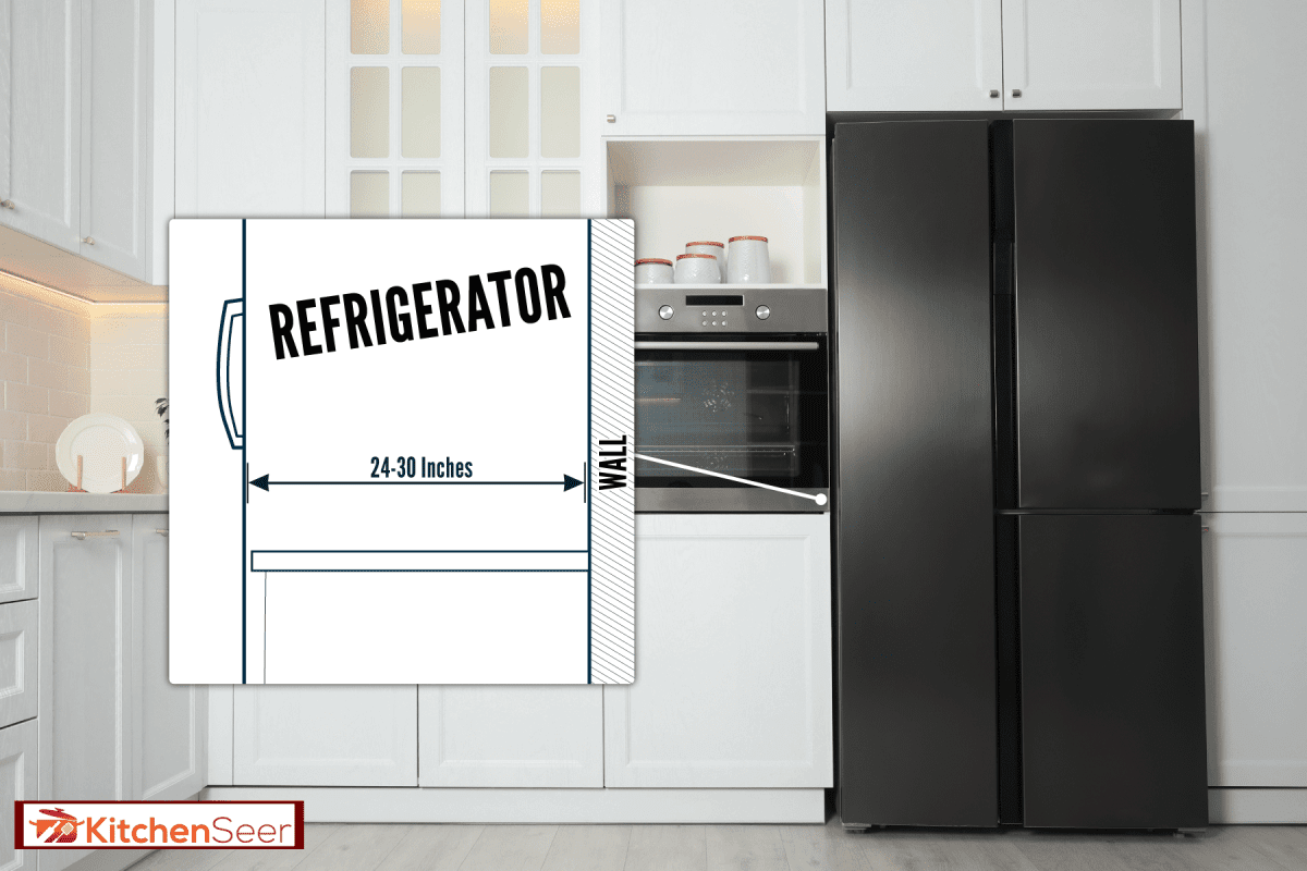 明亮厨房内华丽的白色橱柜，标准柜深冰箱尺寸是多少?bd手机下载