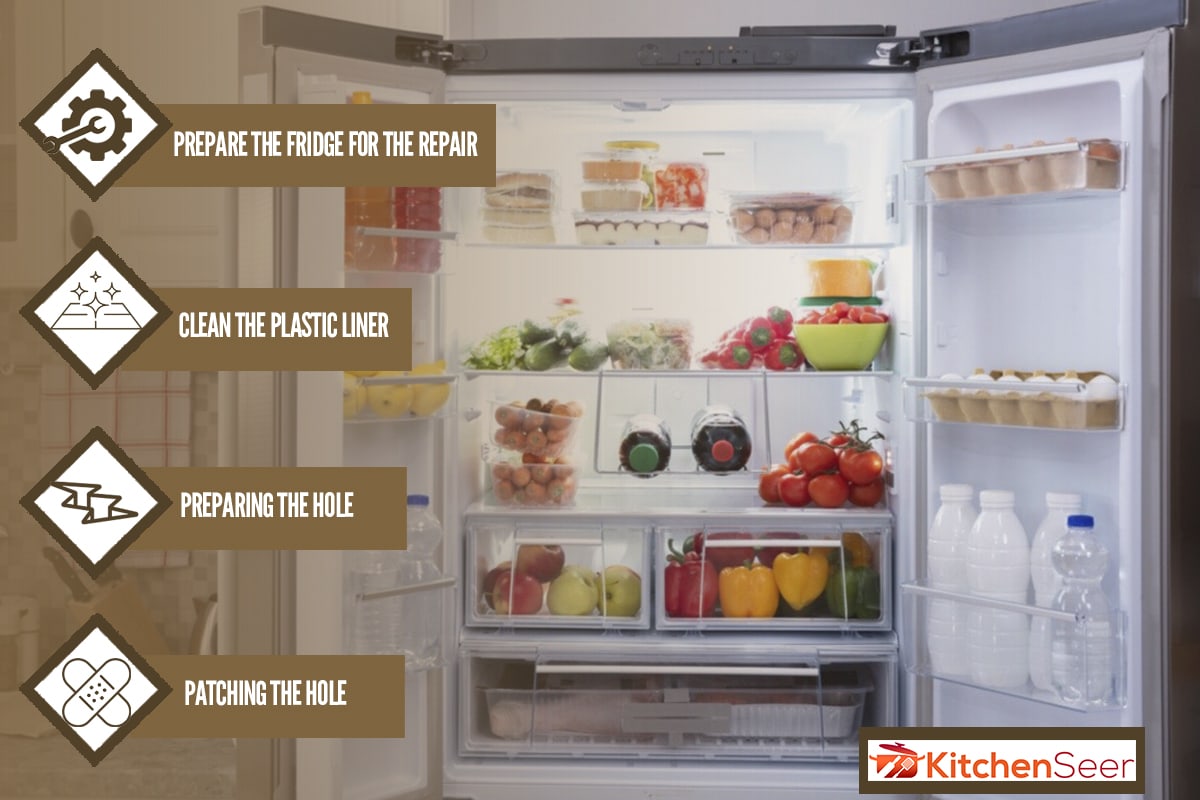 一个装满新鲜水果和蔬菜的开放式冰箱——冰箱墙上的洞——该怎么做