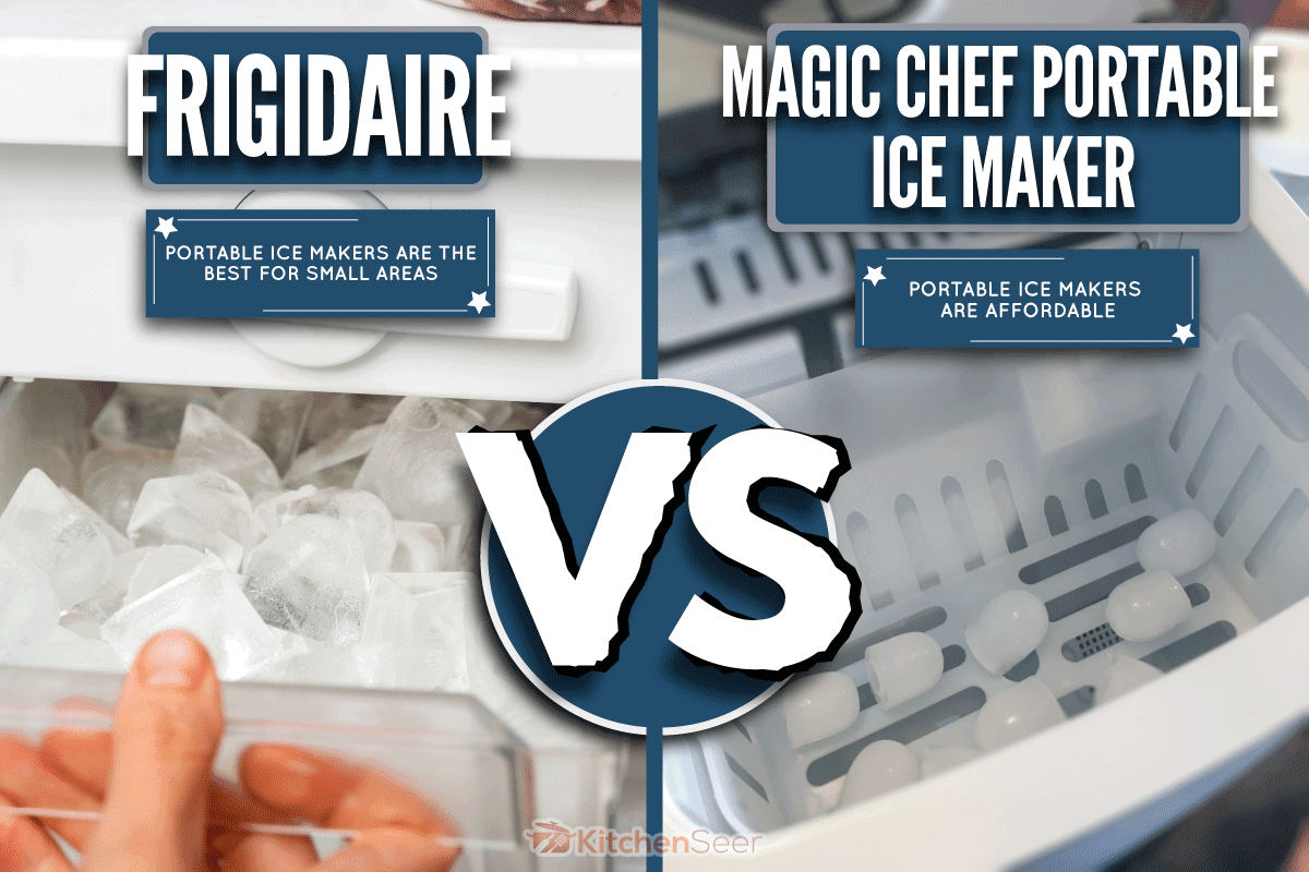 两种类型的制冰机，左边的是冰箱，右边的是便携式制冰机，Frigidaire Vs. Magic Chef便携式制冰机:选择哪一种?