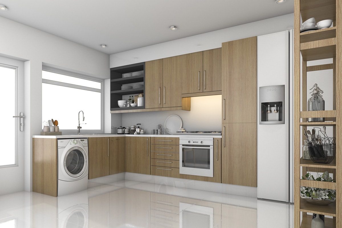 3d渲染木材现代洗衣房和厨房bd手机下载