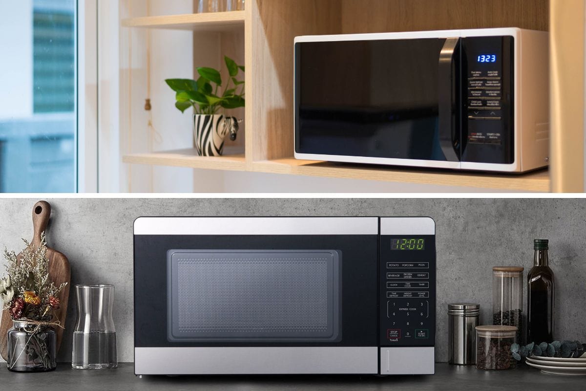 厨房台面上的现代黑色微波炉。bd手机下载旋风微波和逆变微波:哪个更好?