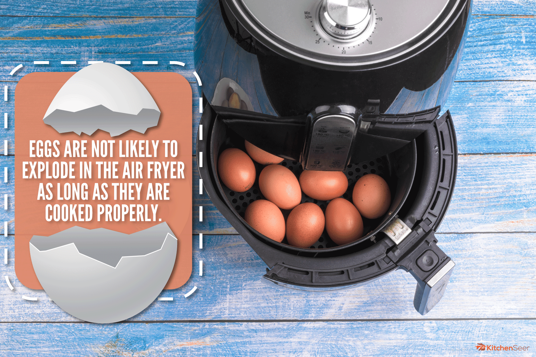 容易煮鸡蛋空气炸锅蓝色漆木表面桌子，鸡蛋会爆炸在空气炸锅?