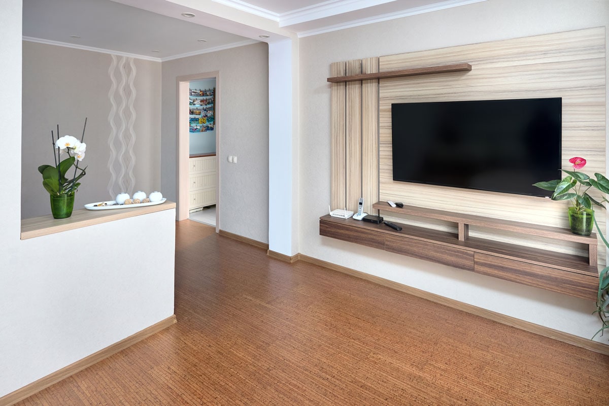 现代公寓客厅与大型电视木内阁兰花