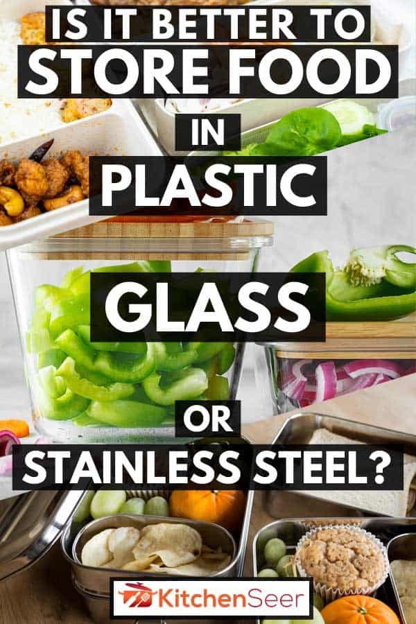 塑料、玻璃和不锈钢食品容器的拼贴画:用塑料、玻璃还是不锈钢储存食物更好?