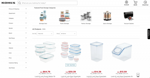 Kohl's页面上的食品容器。