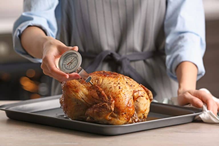 男人拿着肉温度计和把它变成烤鸡,你能留下肉类温度计在肉的烹饪吗?