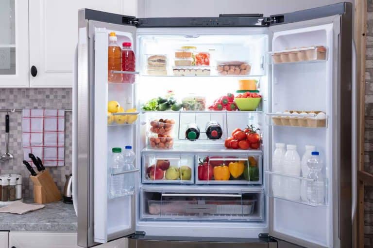 特写的打开冰箱的水果、蔬菜和塑料瓶,坏插入和拔掉冰箱吗?