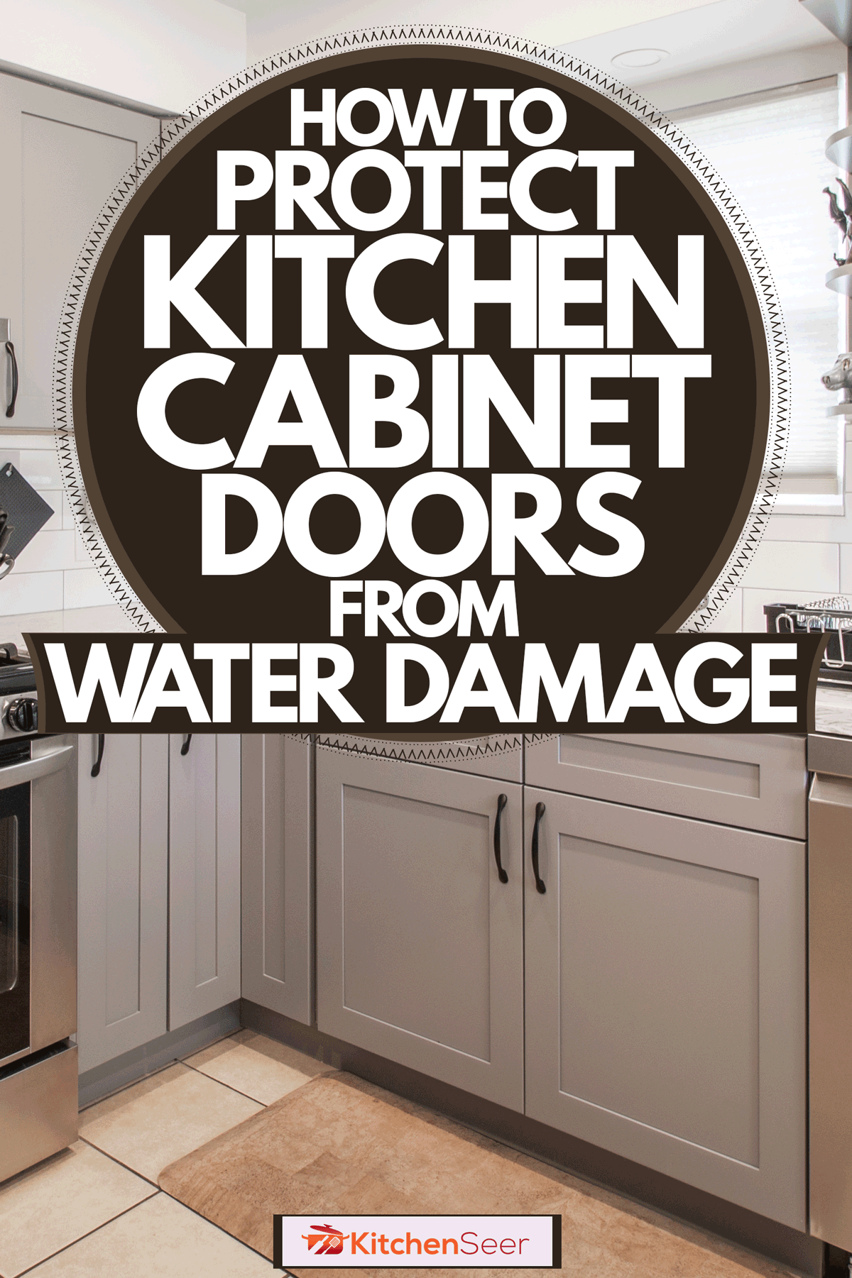室内现代厨房的灰色颜色的内阁面板、厨房范围bd手机下载内罩,和白色瓷砖板连壁,如何保护橱柜门从水损害