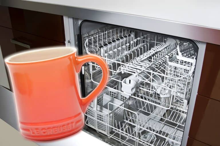 Le Creuset杯子和一个洗碗的机器照片拼贴,Le Creuset杯可以在洗碗机吗?
