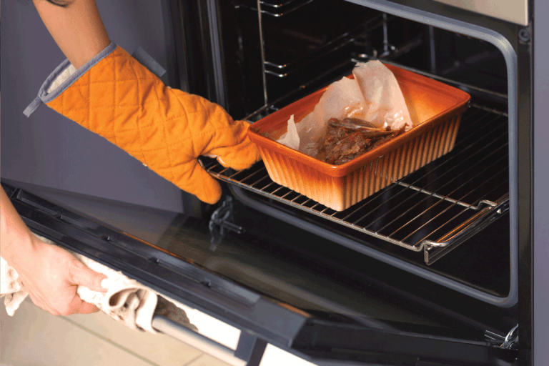鸭肉是在烤箱烤陶瓷烤盘。手的一个女孩把烤箱内烘烤。烤箱手套是易燃的