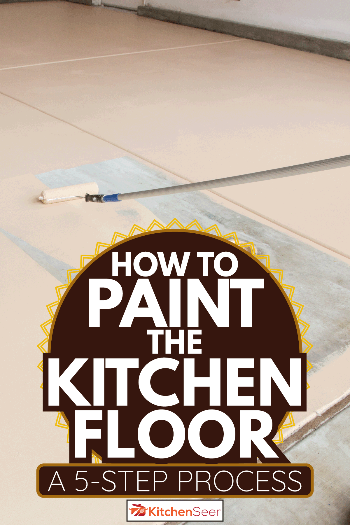 职工使用颜料辊与扩展油漆厨房的地板。bd手机下载如何油漆厨房地板上(一个5步的过程bd手机下载)