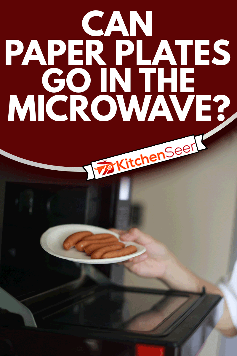 一个男人把香肠放在纸盘上，然后用微波炉加热，纸盘能放进微波炉吗?