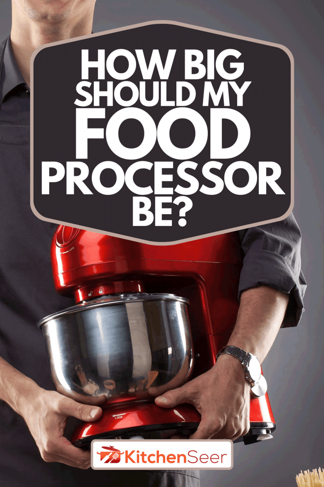 一个男人拿着红色的食品加工机在灰色的背景，我的食品加工机应该有多大?