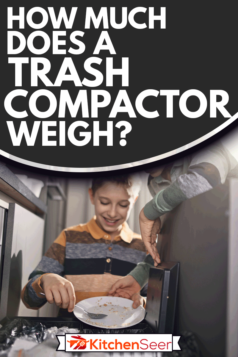 男孩们扔种族隔离的垃圾。男孩们正在把食物扔到垃圾压实机，垃圾压实机有多重?