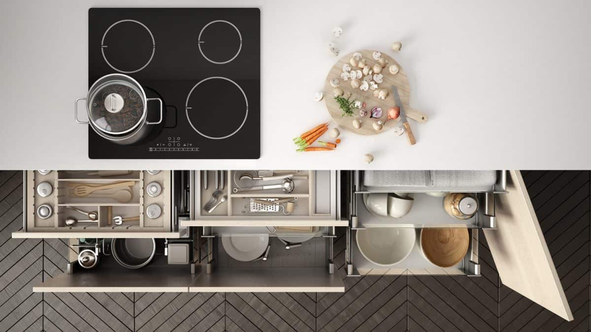 现代厨房俯视图bd手机下载，开放式抽屉和炉灶与烹饪锅，极简主义的室内设计