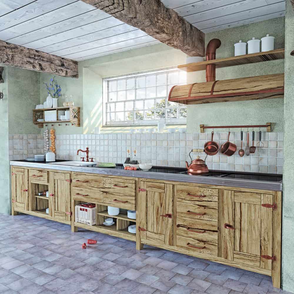 薄荷绿色的墙壁，木制的厨房橱柜和浅紫色的瓷砖地板bd手机下载