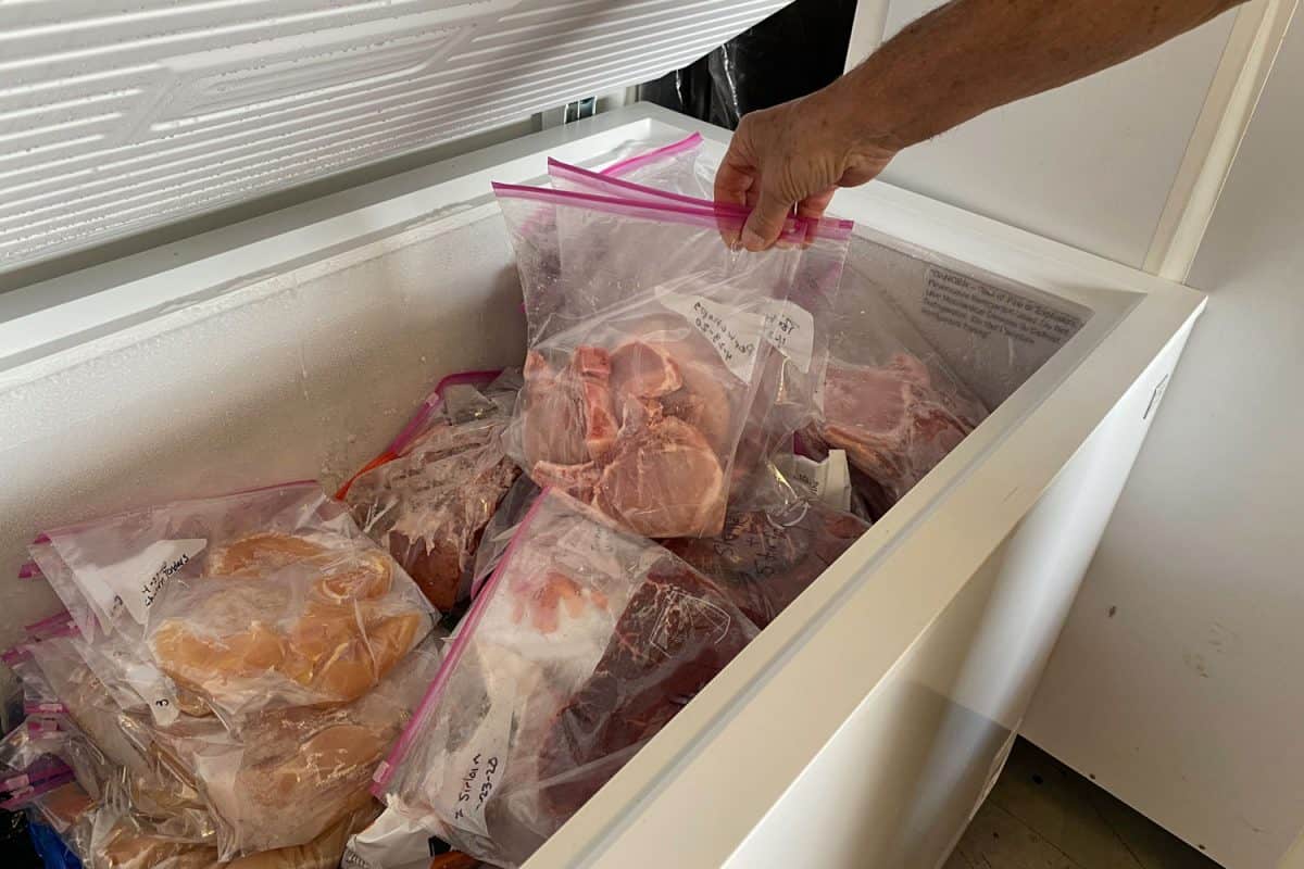 一个男人从冰箱里拿起包装好的肉