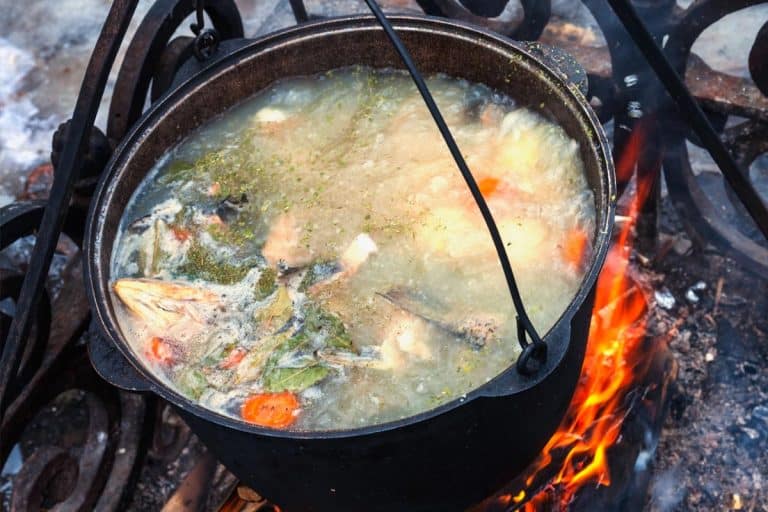 在一锅鱼汤篝火做饭,最好的烹饪锅Campfire-Type和大小