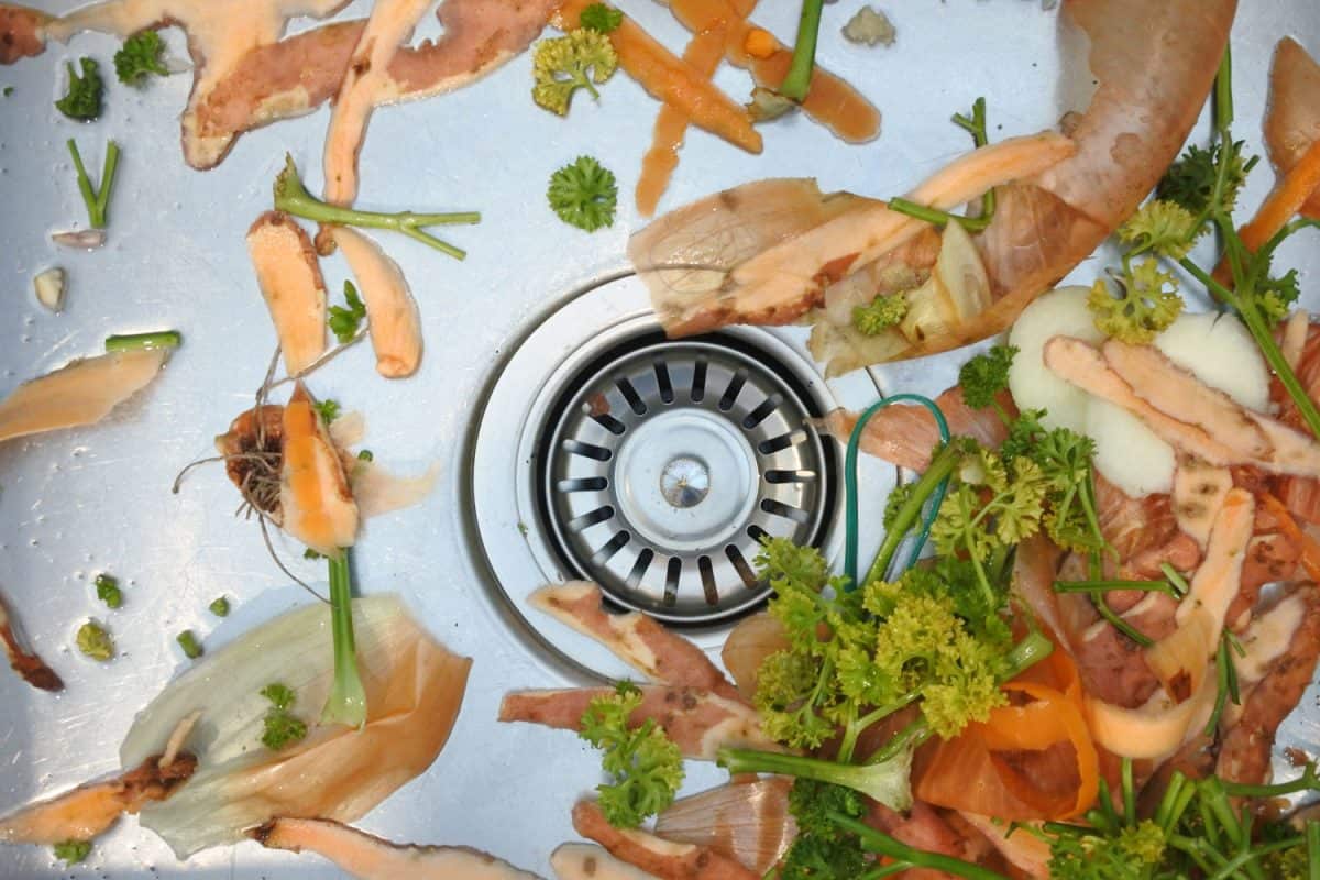 家庭厨房水槽中蔬菜废物混合的平面视图。bd手机下载食物背景和质地