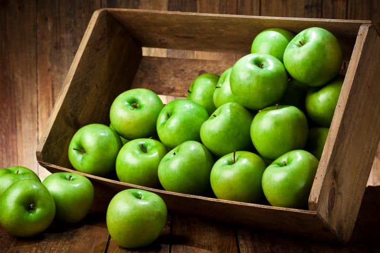 一个绿色的苹果在乡村木表箱,你能生吃奶奶史密斯苹果吗?(包括空腹)