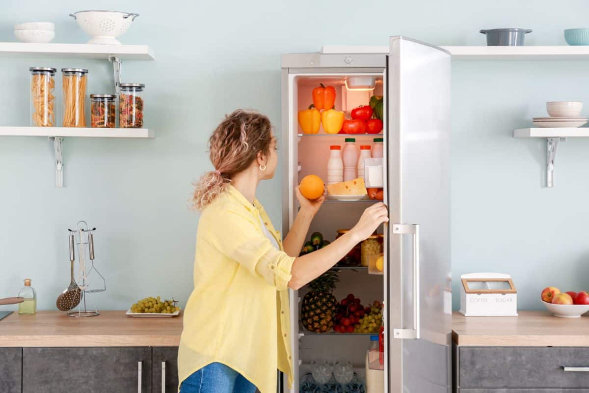 女人在家里的现代冰箱选择食物，如何扭转丹比冰箱的门