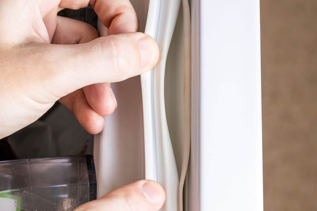 冰箱门密封破裂。家电维修服务理念。更换冰箱门密封剂或垫圈。