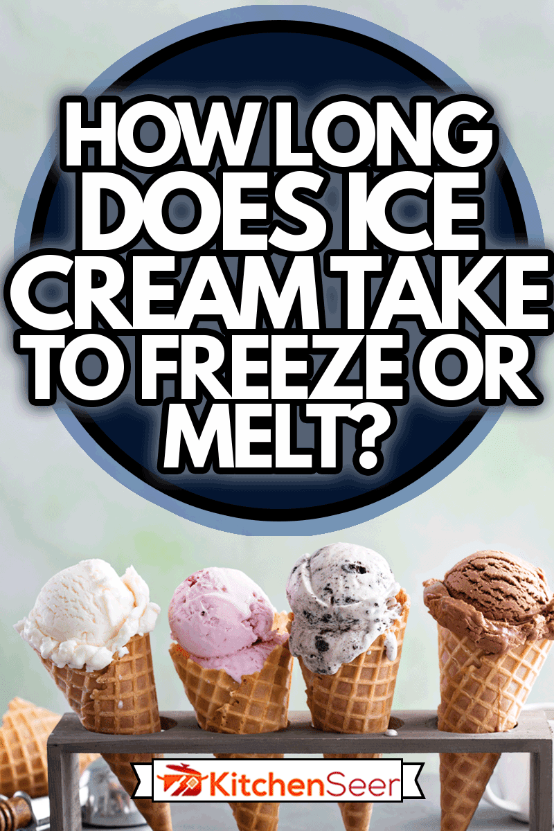 各种各样的冰淇淋勺子在甜筒巧克力，香草和草莓，冰淇淋需要多长时间冻结或融化?