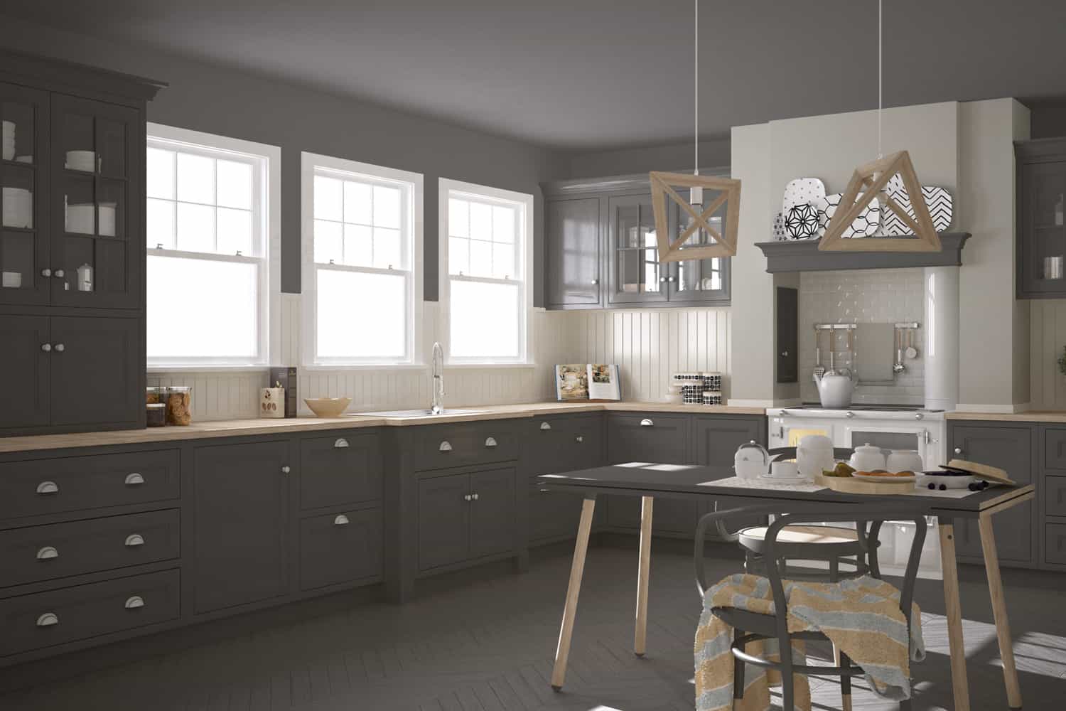 斯堪的纳维亚经典灰色厨房，木质细节，简约的室内设计bd手机下载