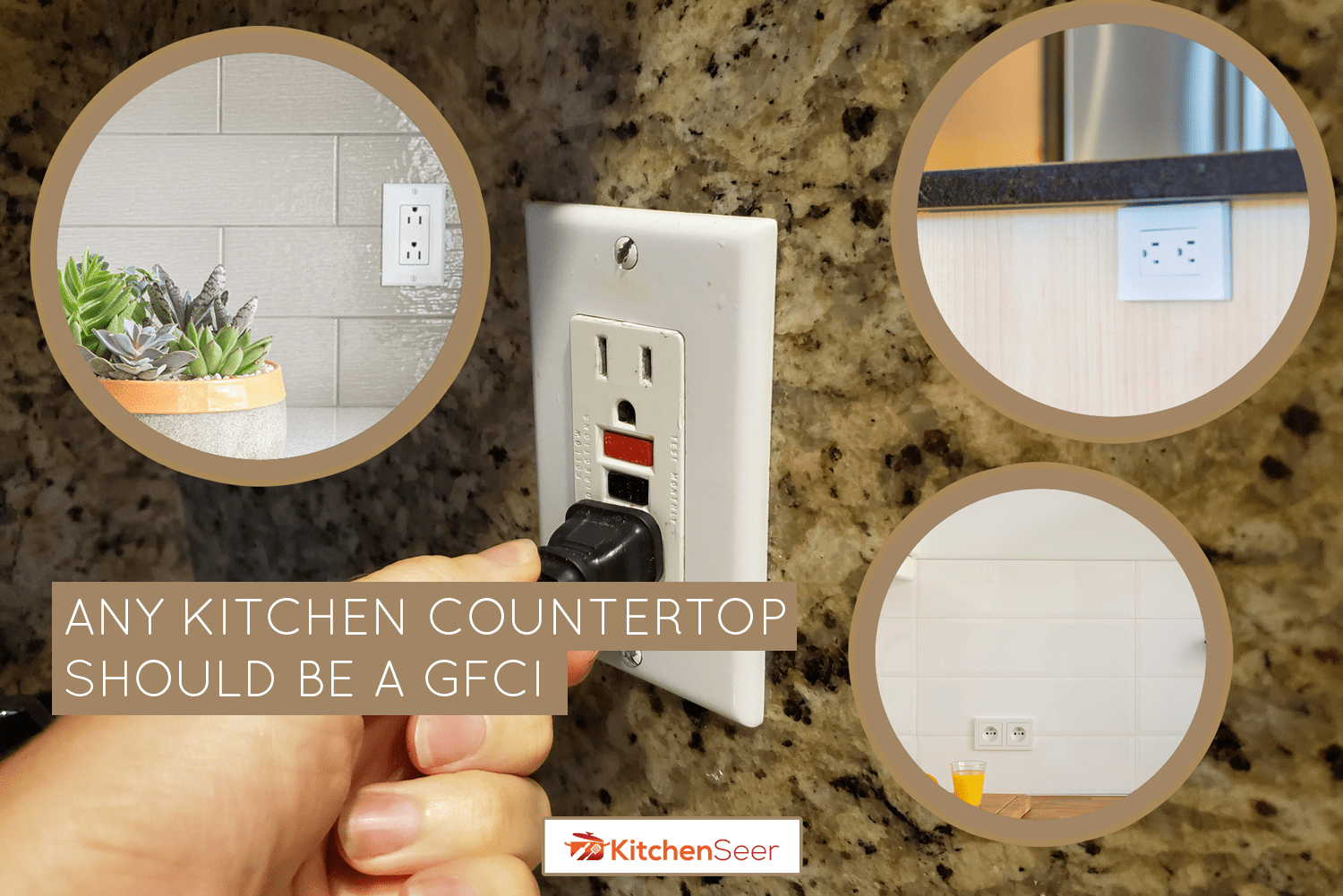 特写，一个人的人手插入电线到接地故障电路中断器(GFCI)电源插座在家庭房间的墙壁上的个人视角图像-在厨房需要多少个GFCI插座bd手机下载
