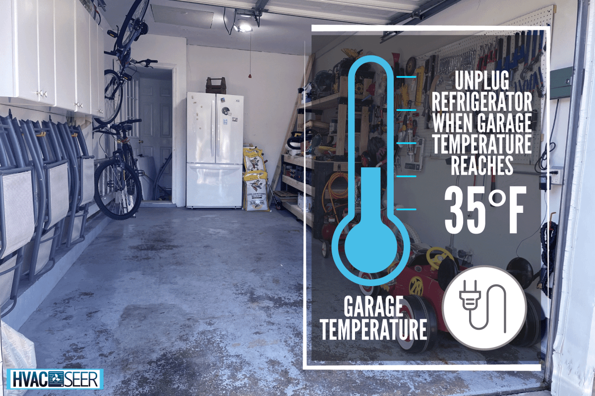 一个狭窄的车库内部有很多存储的工具，自行车零件，后面还有一个冰箱，我应该在冬天拔掉我的车库冰箱的电源吗?