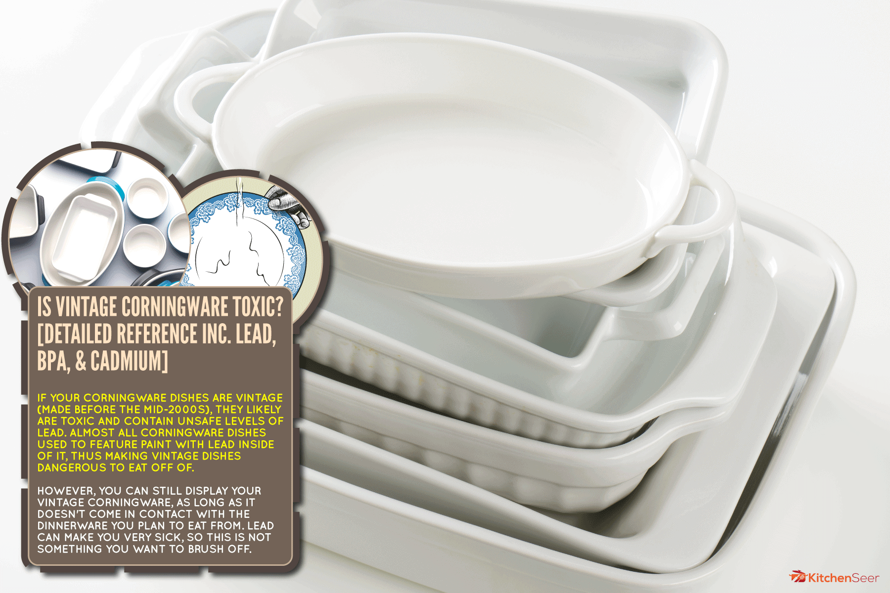各种各样的烘焙盘子白色的旧康宁餐具在白色的背景上，是老式康宁餐具有毒吗?[详细参考公司铅，Bpa和镉]