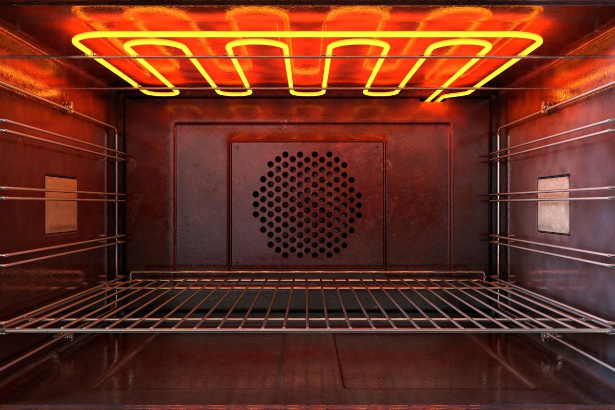 一个近距离的观点通过内部的空热操作家用烤箱与发光元素和金属架的前面