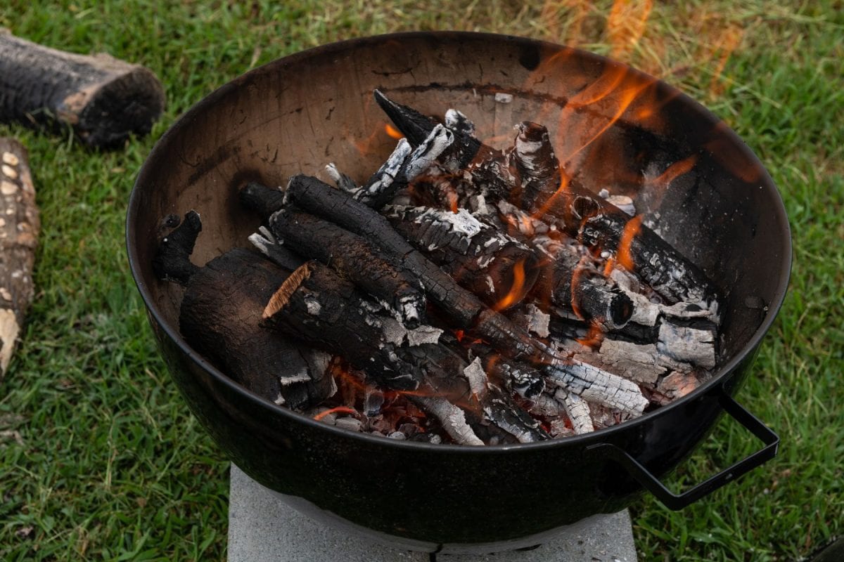 在乡村烧烤烧烤在晚上燃烧的火焰特写。