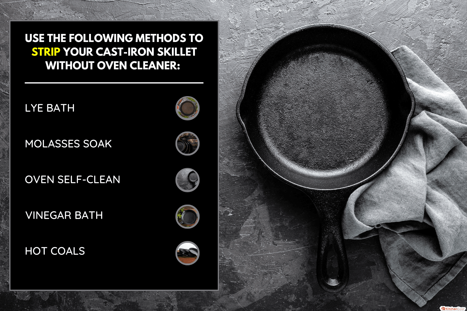 空铸铁煎锅在深灰色的烹饪背景，从上面看-如何剥离铸铁没有烤箱清洁剂